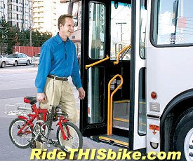 Bicycle commuter boarding a bus with a folding bike