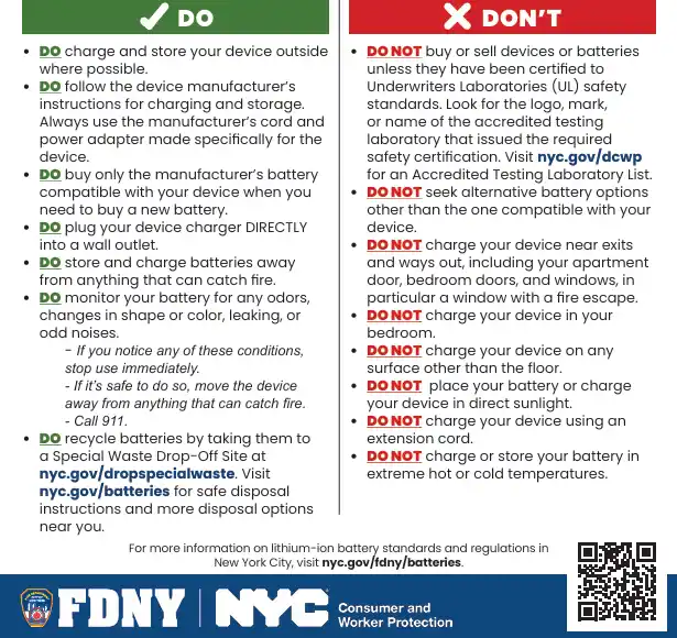 Excerpt from FDNY Lithium-Ion Battery Safety Tips flyer recommending UL-certified e-bikes and chargers.