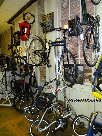 Montague and Strida folding bikes in our bicycle shop